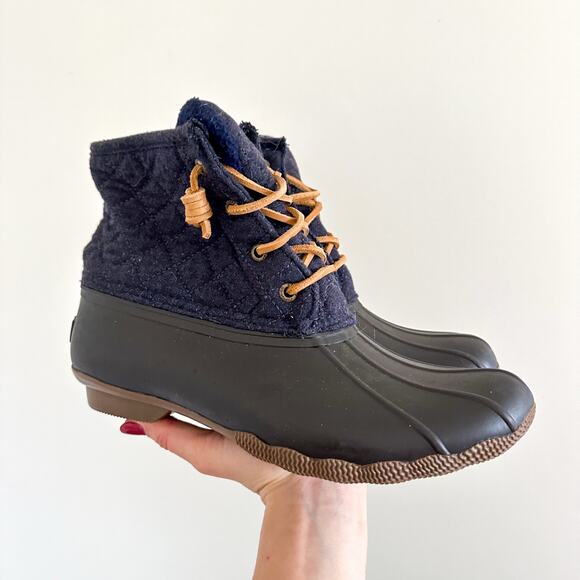 Sperry Quilted Lace Up Waterproof Rubber Duck Boots Blue 8 - Picture 2 of 6